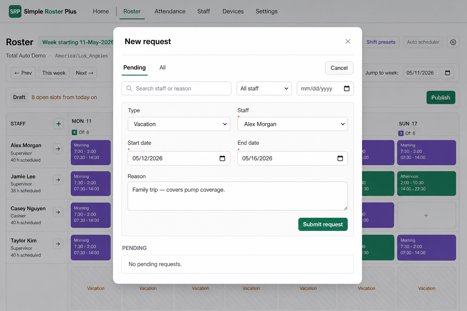New request dialog for recording vacation leave for a staff member in Simple Roster Plus.