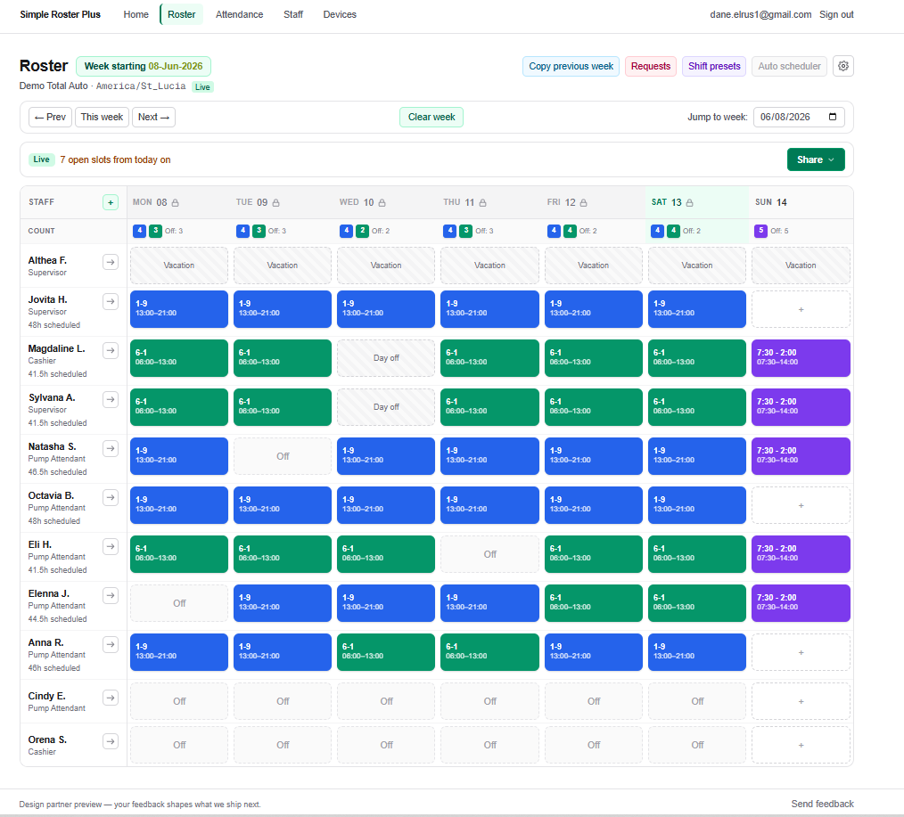 Simple Roster Plus roster week view with shift presets, coverage counts, and color-coded shift blocks.