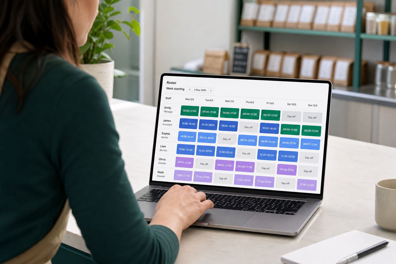 Small-business manager reviewing a weekly staff roster with color-coded shifts and day-off markers on a laptop.