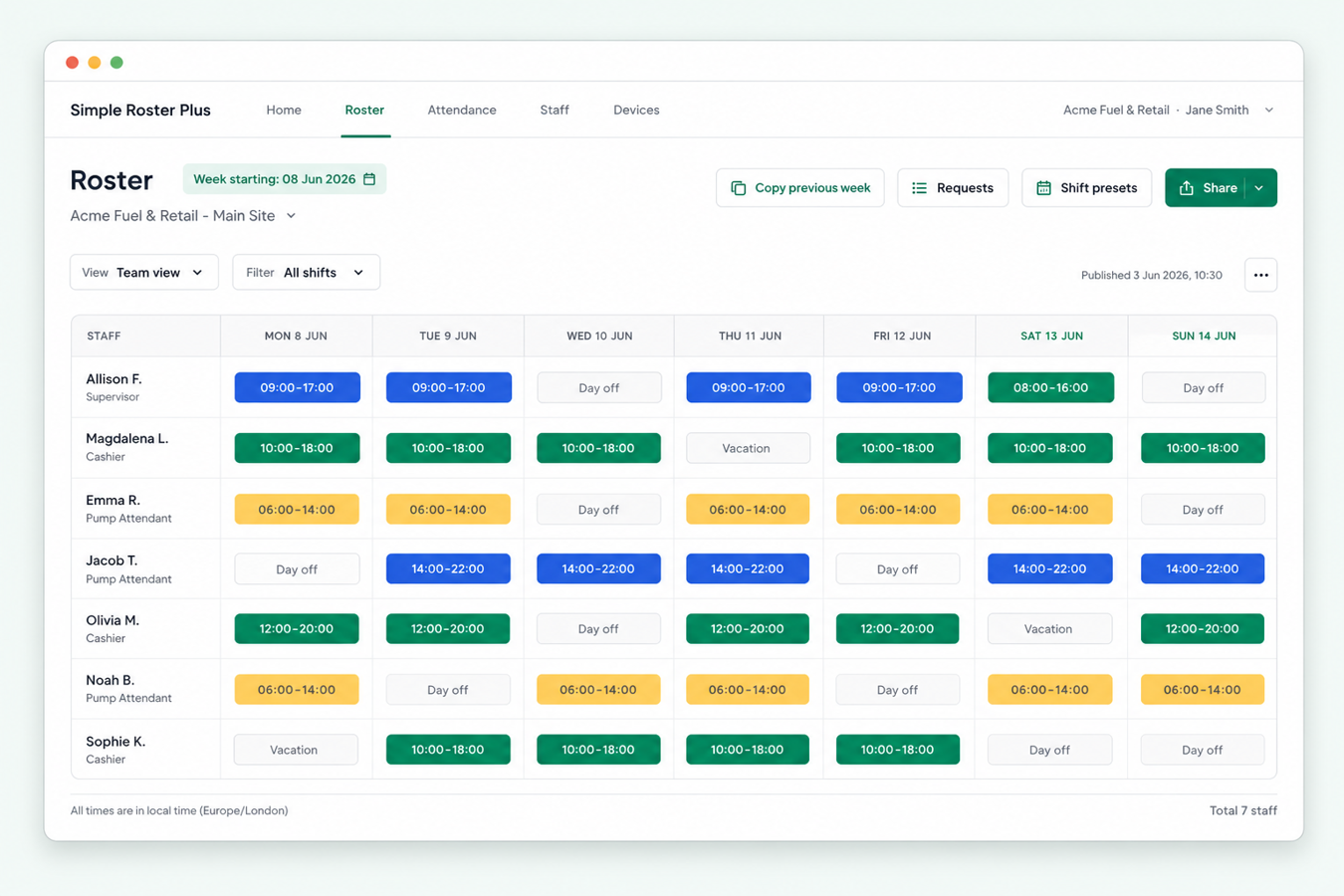 Weekly roster grid with copy previous week, shift presets, share controls, and vacation or day-off cells for a small shift team.