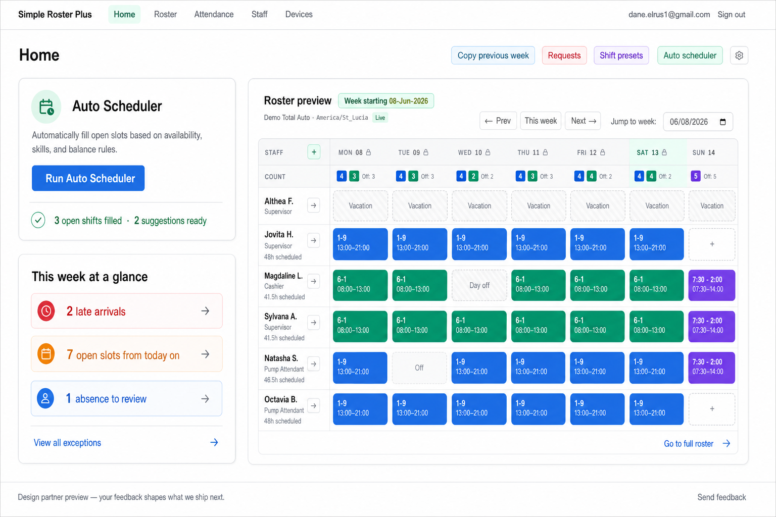 Simple Roster Plus home dashboard with Auto Scheduler and a weekly exception summary for late arrivals, open slots, and absences.