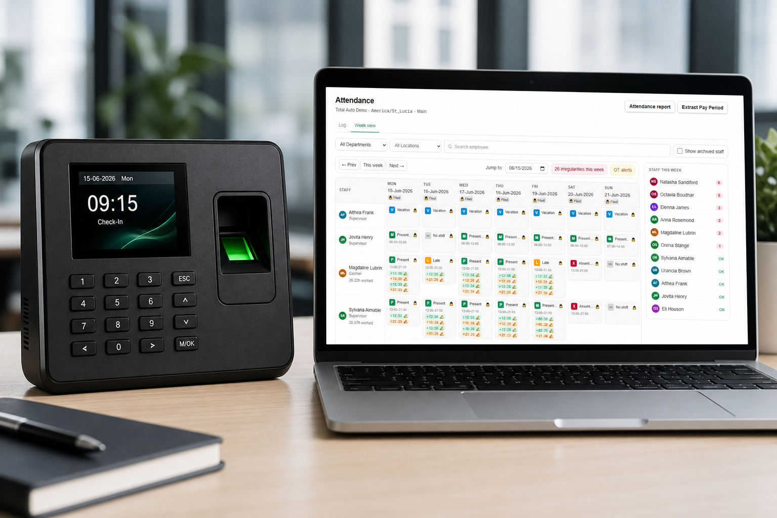 Attendance terminal beside the Simple Roster Plus attendance dashboard