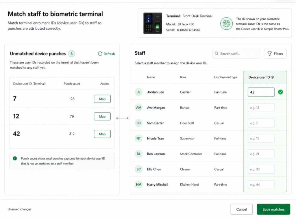 Simple Roster Plus staff mapping screen linking a terminal user ID to an employee for attendance punches.